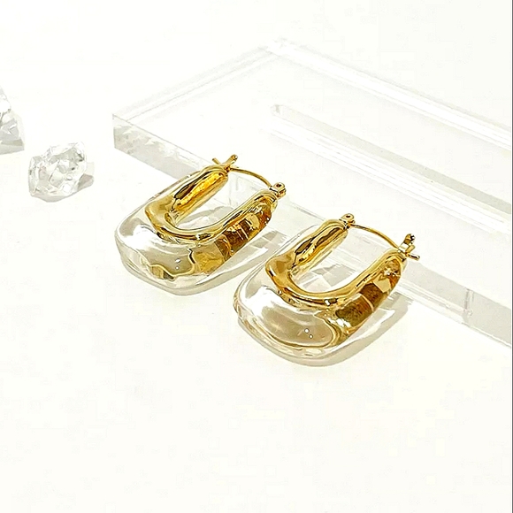 Anthropologie Jewelry - Transparent resin drop earrings; gold accents; nwot
